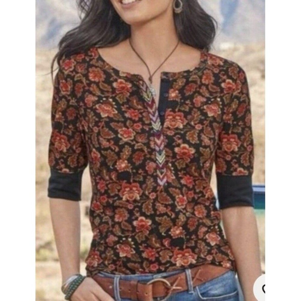 Sundance Women’s PL Floral Embroidered Blouse Black 3/4 Sleeve Crew Neck